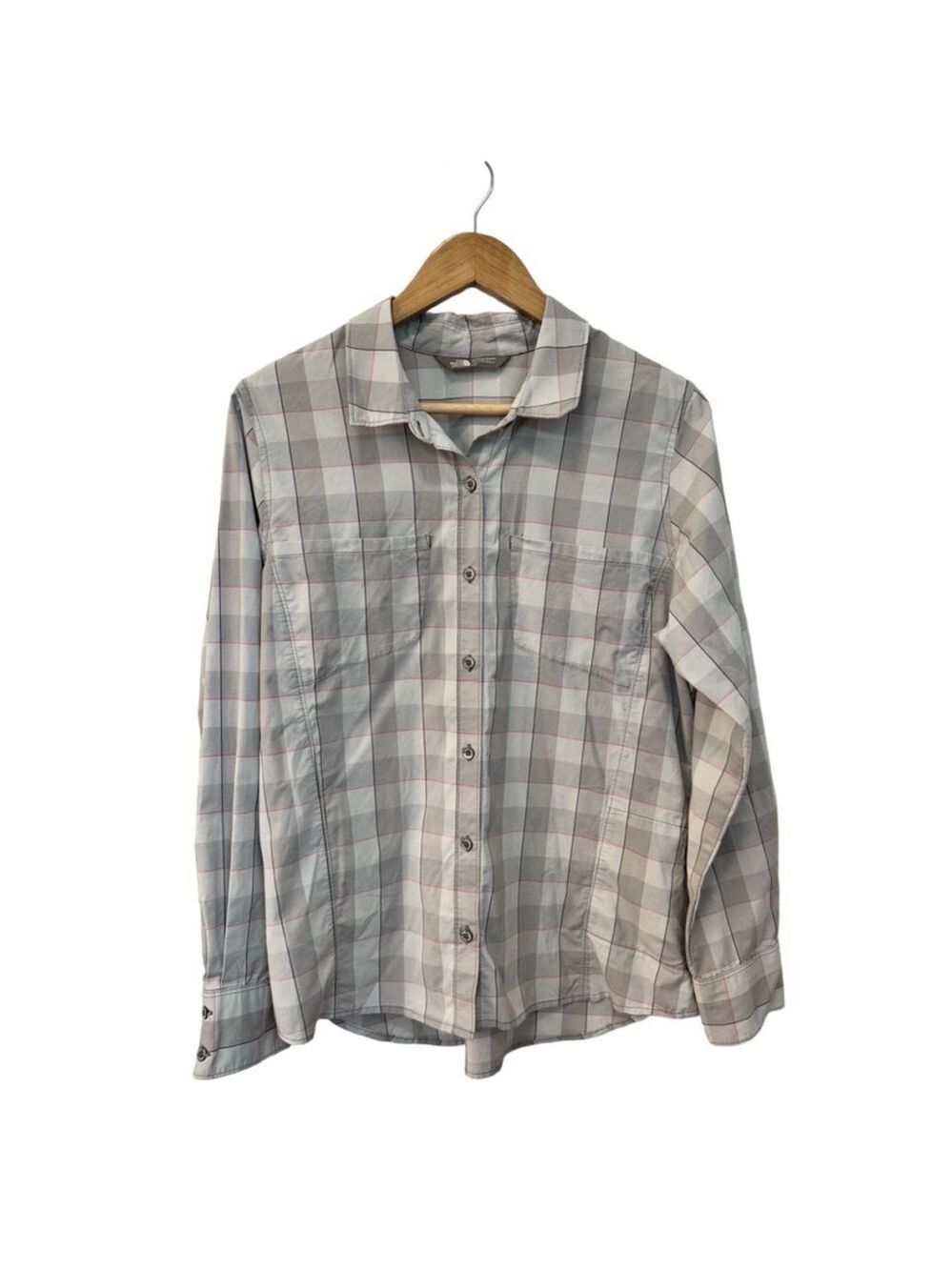 The North Face Grey and Pink Plaid Long Sleeve Button Up Shirt - Size L